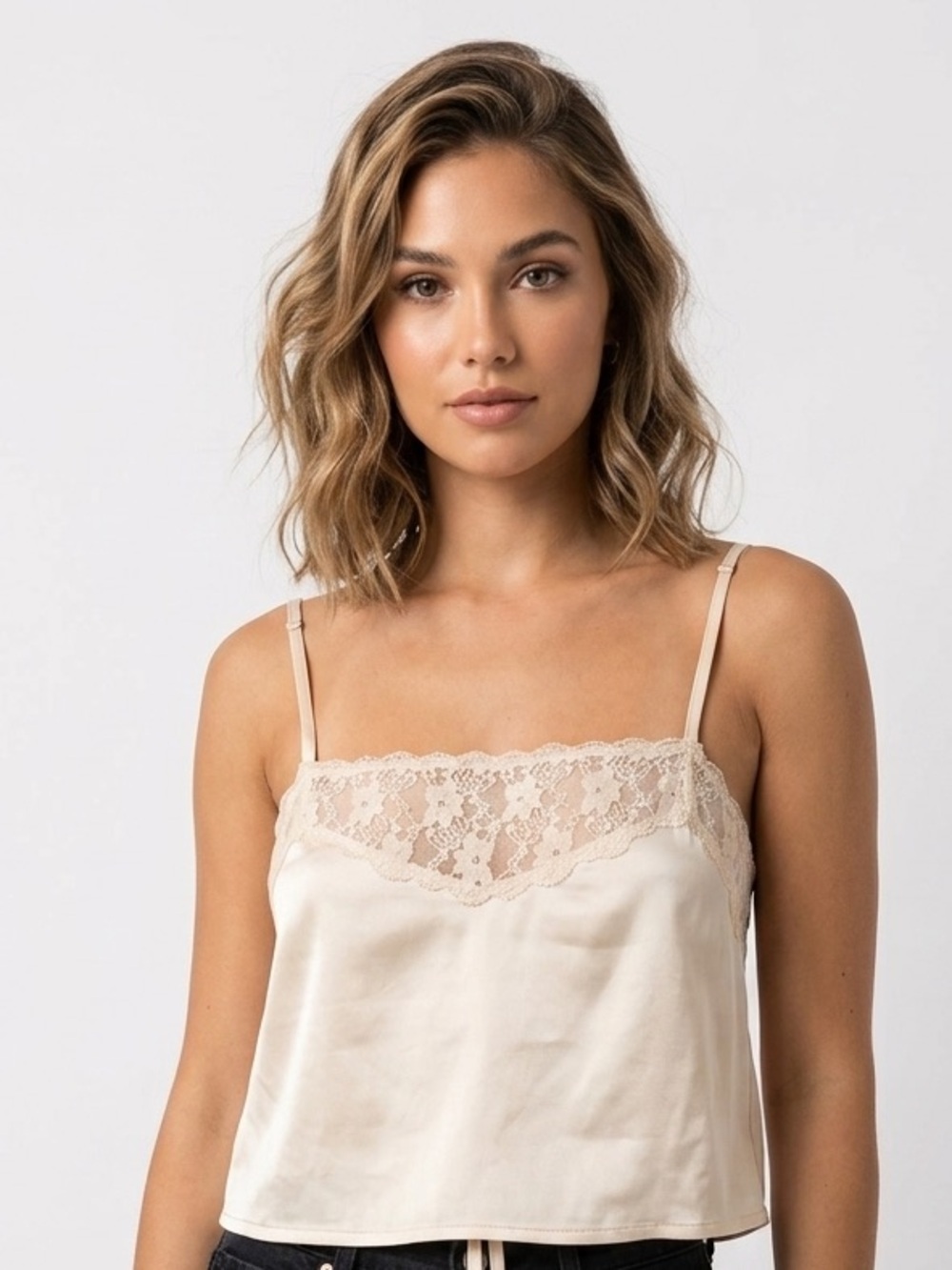 Le Lis Satin Lace Trim Cami Champagne Open Tie Back Size M NEW Chic Luxury Clean